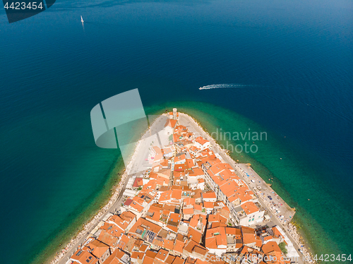 Image of Aerial view of old town Piran, Slovenia, Europe. Summer vacations tourism concept background.