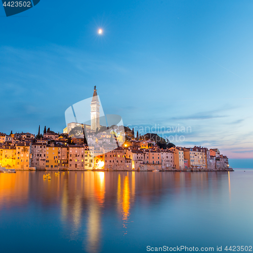 Image of Colorful sunset of Rovinj town, Croatian fishing port on the west coast of the Istrian peninsula.