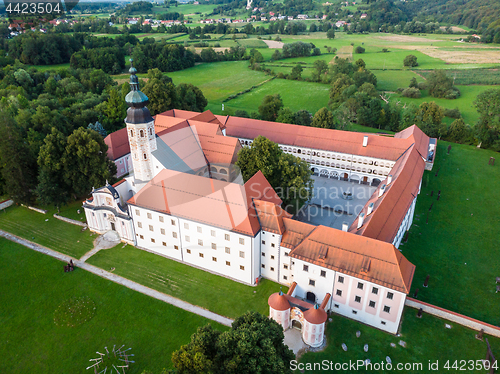 Image of Aerial view of Cistercian monastery Kostanjevica na Krki, homely appointed as Castle Kostanjevica, Slovenia, Europe