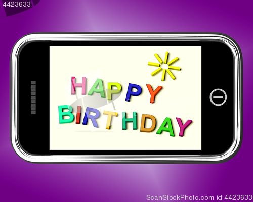 Image of Happy Birthday Message On Mobile Phone Shows Internet Greeting