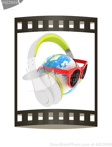 Image of Earth planet with earphones and sunglasses. 3d illustration. The