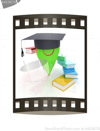 Image of Pointer of education in graduation hat with books around. 3d ill