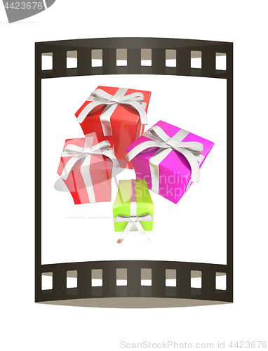 Image of Gift boxes. 3d illustration. The film strip.