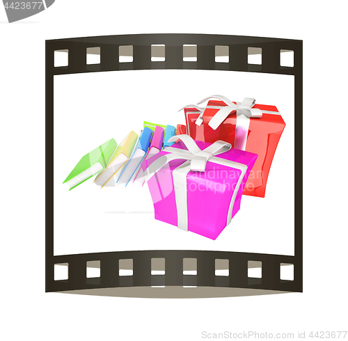 Image of Gifts and books. 3d illustration. The film strip.