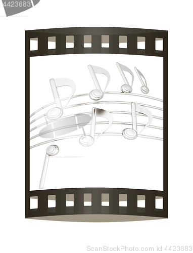 Image of music notes  background. 3D illustration. The film strip.