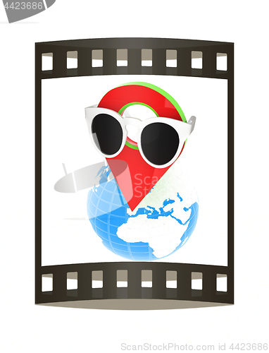 Image of Glamour map pointer in sunglasses on Earth. 3d illustration. The