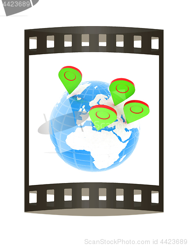 Image of Planet Earth and map pins icon. Earth globe and colorful map lab