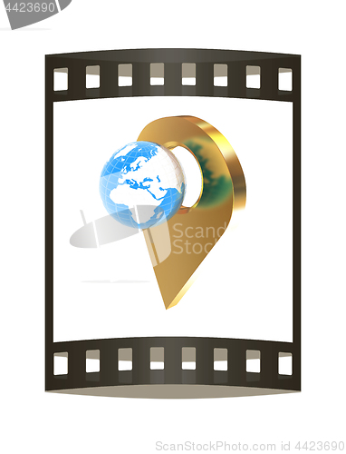 Image of Planet Earth and golden map pins icon on Earth. 3d illustration.