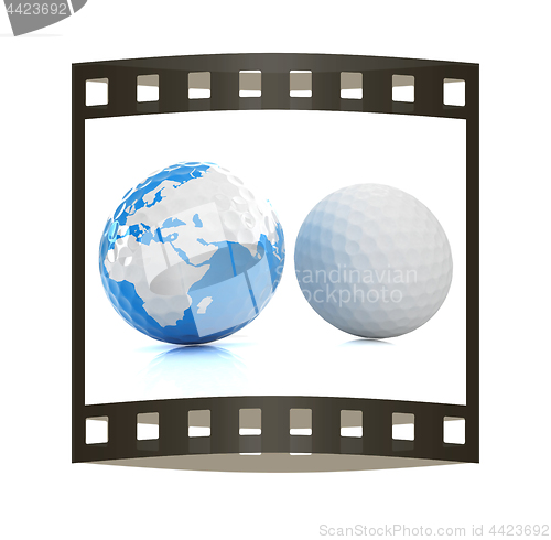 Image of Conceptual 3d illustration. Golf ball world globe. The film stri