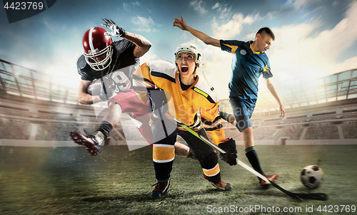 Image of Multi sports collage about ice hockey, soccer and American football screaming players at stadium