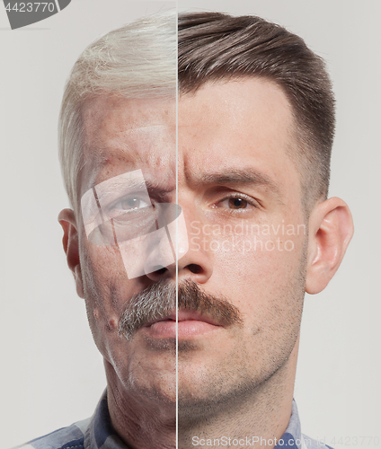 Image of Collage of two portraits of the same old man and young man. Face lifting, aging and skincare concept. Conparison