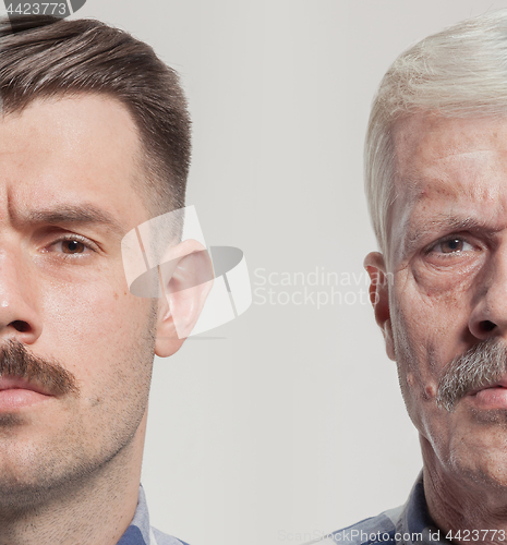 Image of Collage of two portraits of the same old man and young man. Face lifting, aging and skincare concept. Conparison