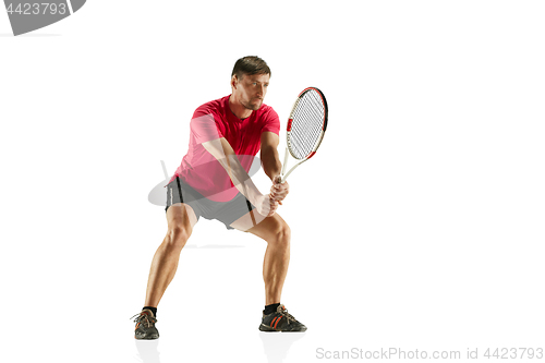 Image of one caucasian man playing tennis player isolated on white background