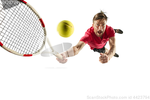 Image of one caucasian man playing tennis player isolated on white background