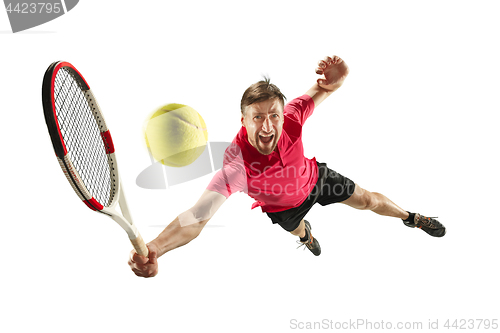 Image of one caucasian man playing tennis player isolated on white background