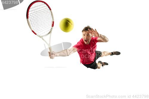 Image of one caucasian man playing tennis player isolated on white background