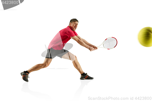 Image of one caucasian man playing tennis player isolated on white background