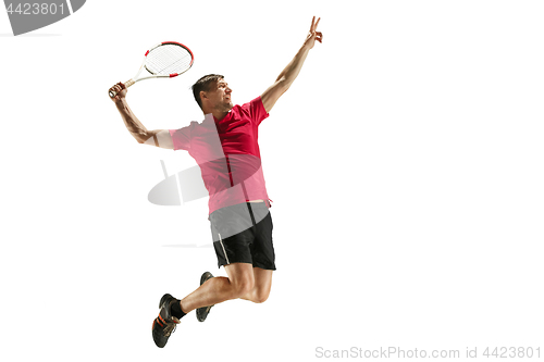 Image of one caucasian man playing tennis player isolated on white background