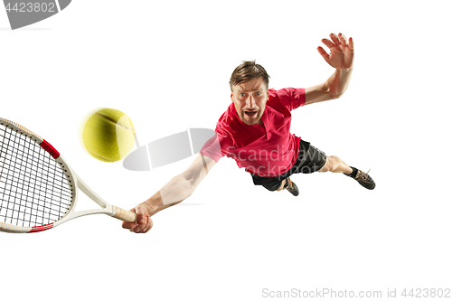 Image of one caucasian man playing tennis player isolated on white background