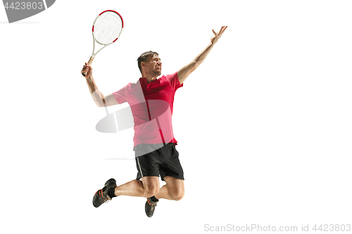 Image of one caucasian man playing tennis player isolated on white background