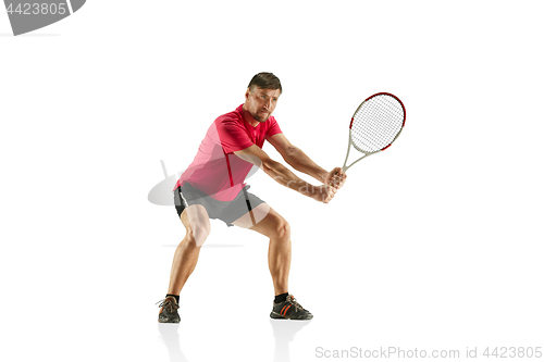 Image of one caucasian man playing tennis player isolated on white background