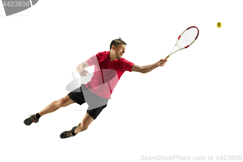 Image of one caucasian man playing tennis player isolated on white background