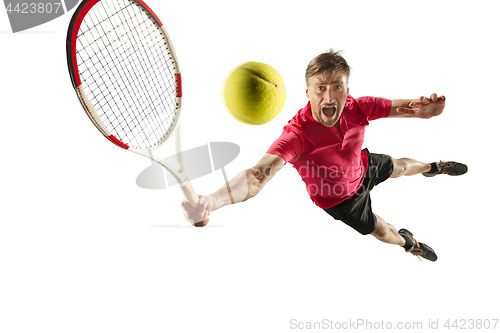 Image of one caucasian man playing tennis player isolated on white background