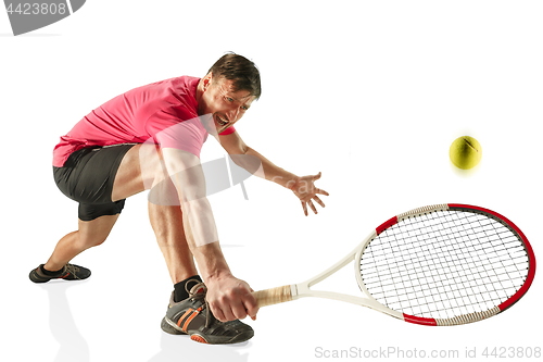 Image of one caucasian man playing tennis player isolated on white background