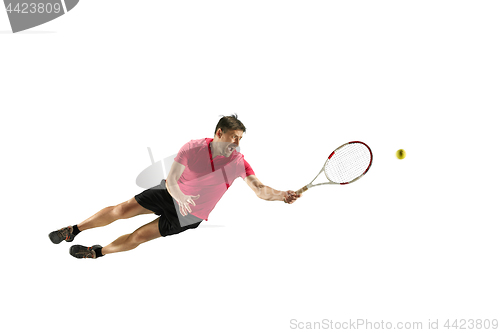 Image of one caucasian man playing tennis player isolated on white background