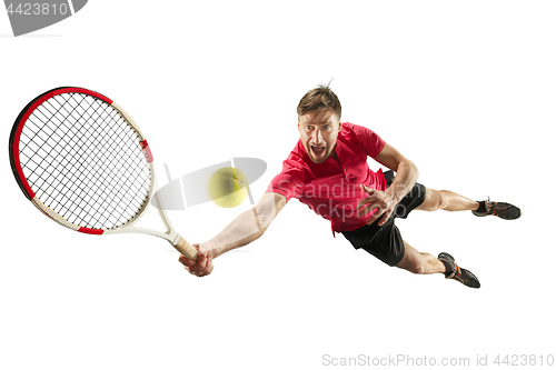 Image of one caucasian man playing tennis player isolated on white background