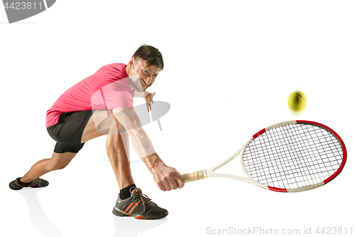 Image of one caucasian man playing tennis player isolated on white background