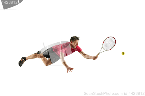 Image of one caucasian man playing tennis player isolated on white background