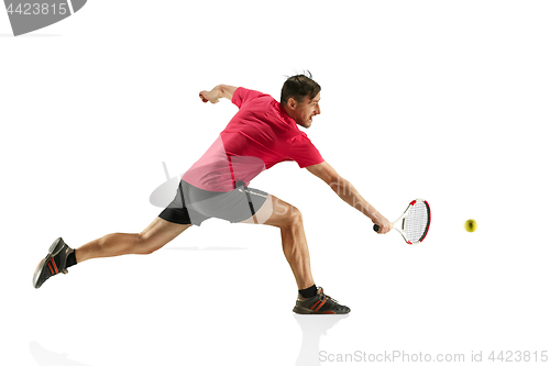 Image of one caucasian man playing tennis player isolated on white background