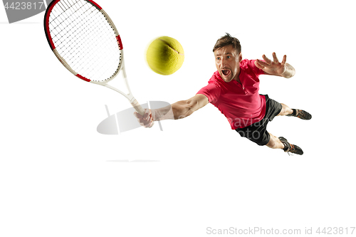 Image of one caucasian man playing tennis player isolated on white background