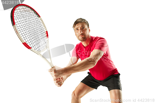 Image of one caucasian man playing tennis player isolated on white background