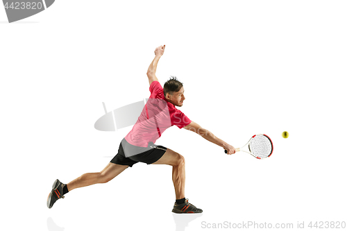 Image of one caucasian man playing tennis player isolated on white background