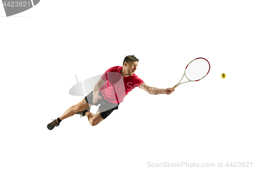 Image of one caucasian man playing tennis player isolated on white background