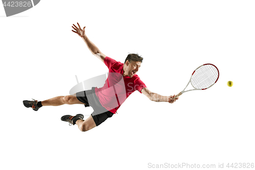 Image of one caucasian man playing tennis player isolated on white background