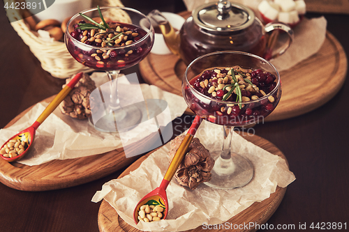 Image of dessert from beriies with pine seed