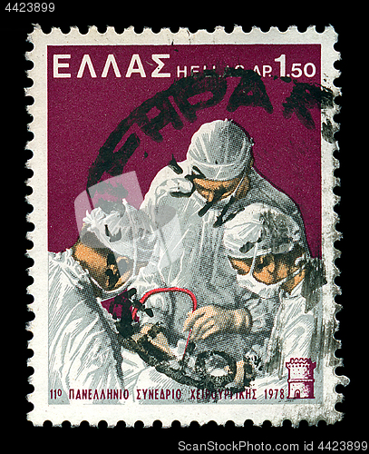 Image of surgeons performing surgery vintage postage stamp