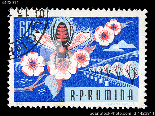 Image of honey bee on flower vintage postage stamp