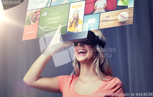 Image of woman in virtual reality headset or 3d glasses