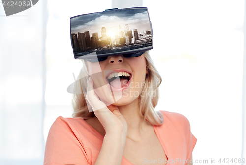 Image of woman in virtual reality headset or 3d glasses