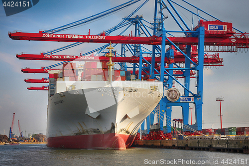 Image of Hamburg, Germany - July 28, 2014: View of port of Hamburg harbor