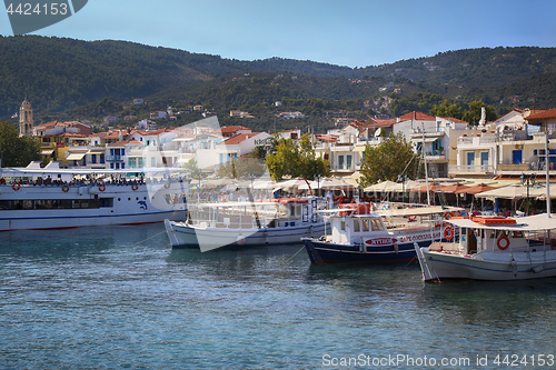 Image of Skiathos, Greece - August 17, 2017: Panoramic view over the port