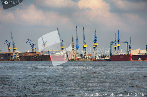 Image of Hamburg, Germany - July 28, 2014: View of port of Hamburg harbor