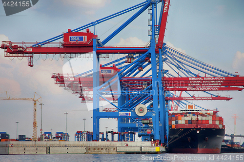 Image of Hamburg, Germany - July 28, 2014: View of port of Hamburg harbor