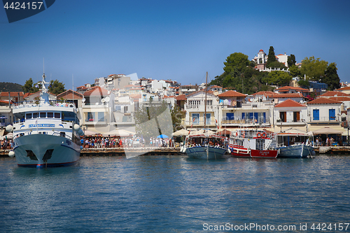 Image of Skiathos, Greece - August 17, 2017: Panoramic view over the port