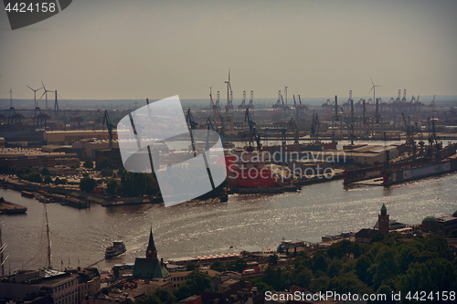 Image of Hamburg, Germany - July 28, 2014: View of port of Hamburg harbor