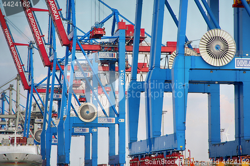 Image of Hamburg, Germany - July 28, 2014: View of port of Hamburg harbor